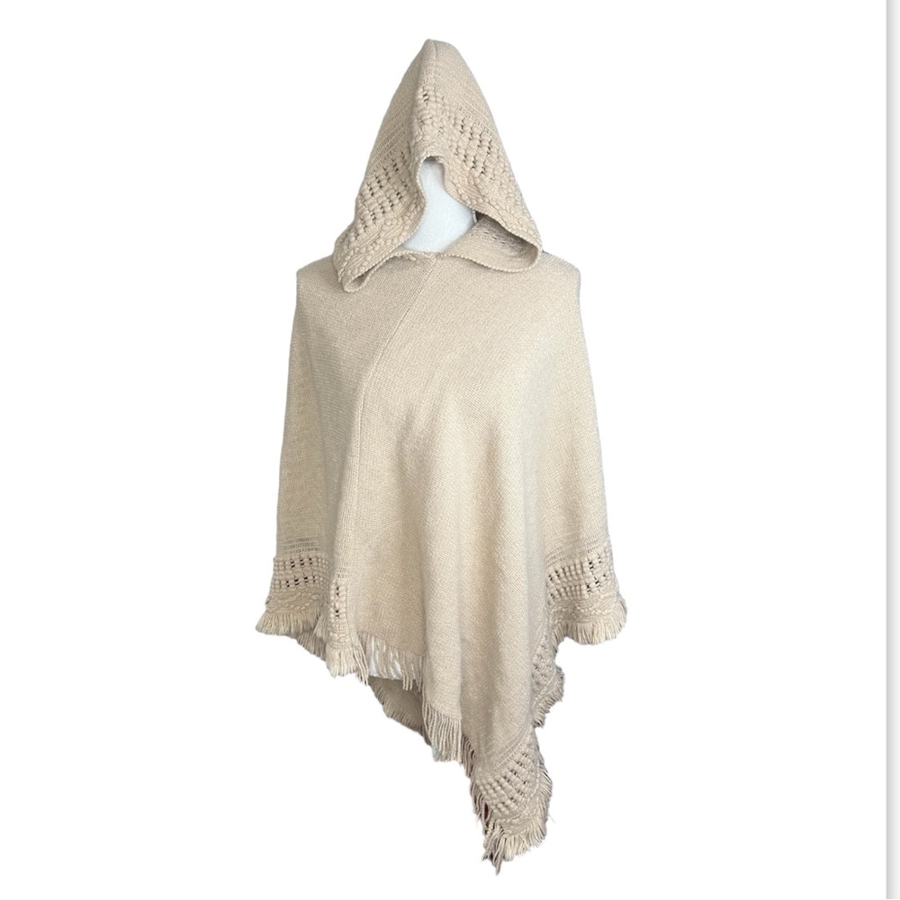 Mixit Tan Hooded Crochet Fringe Poncho
